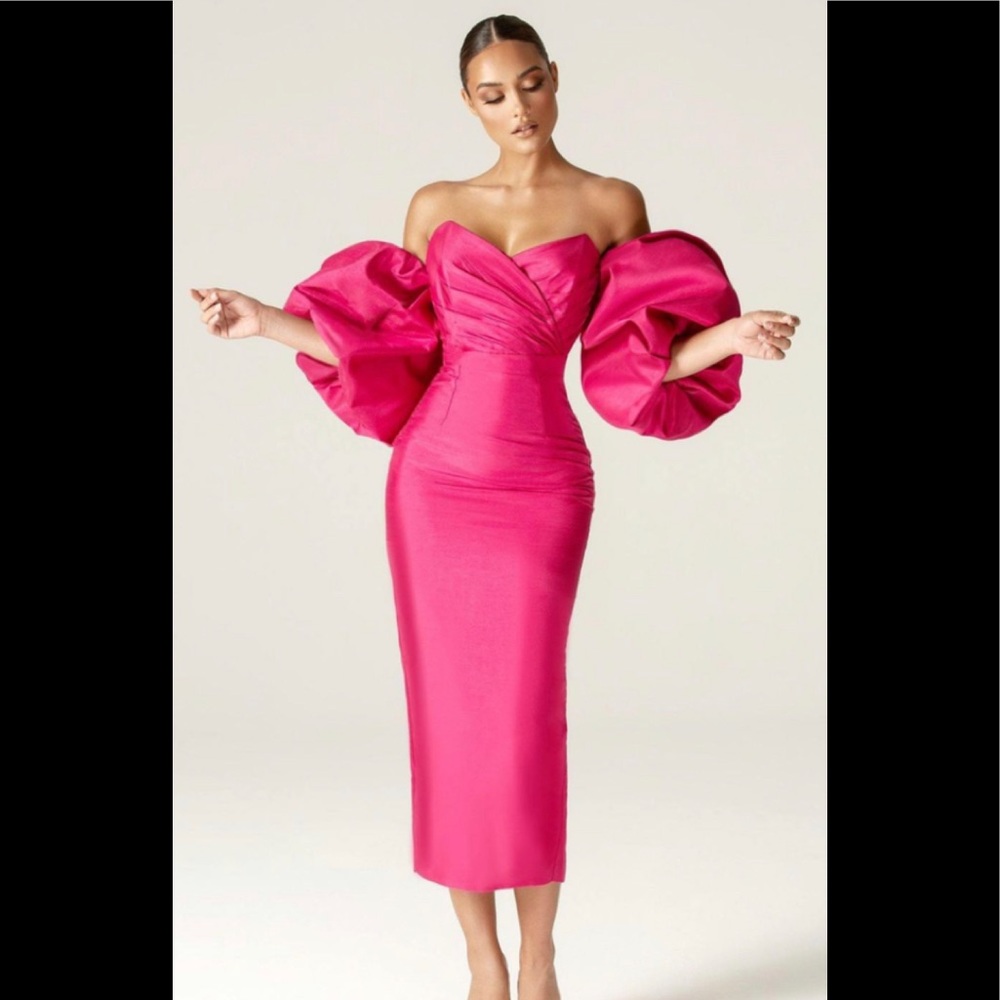 TIFFANY DUPIONI PUFF SLEEVE MAXI DRESS (HOT PINK)